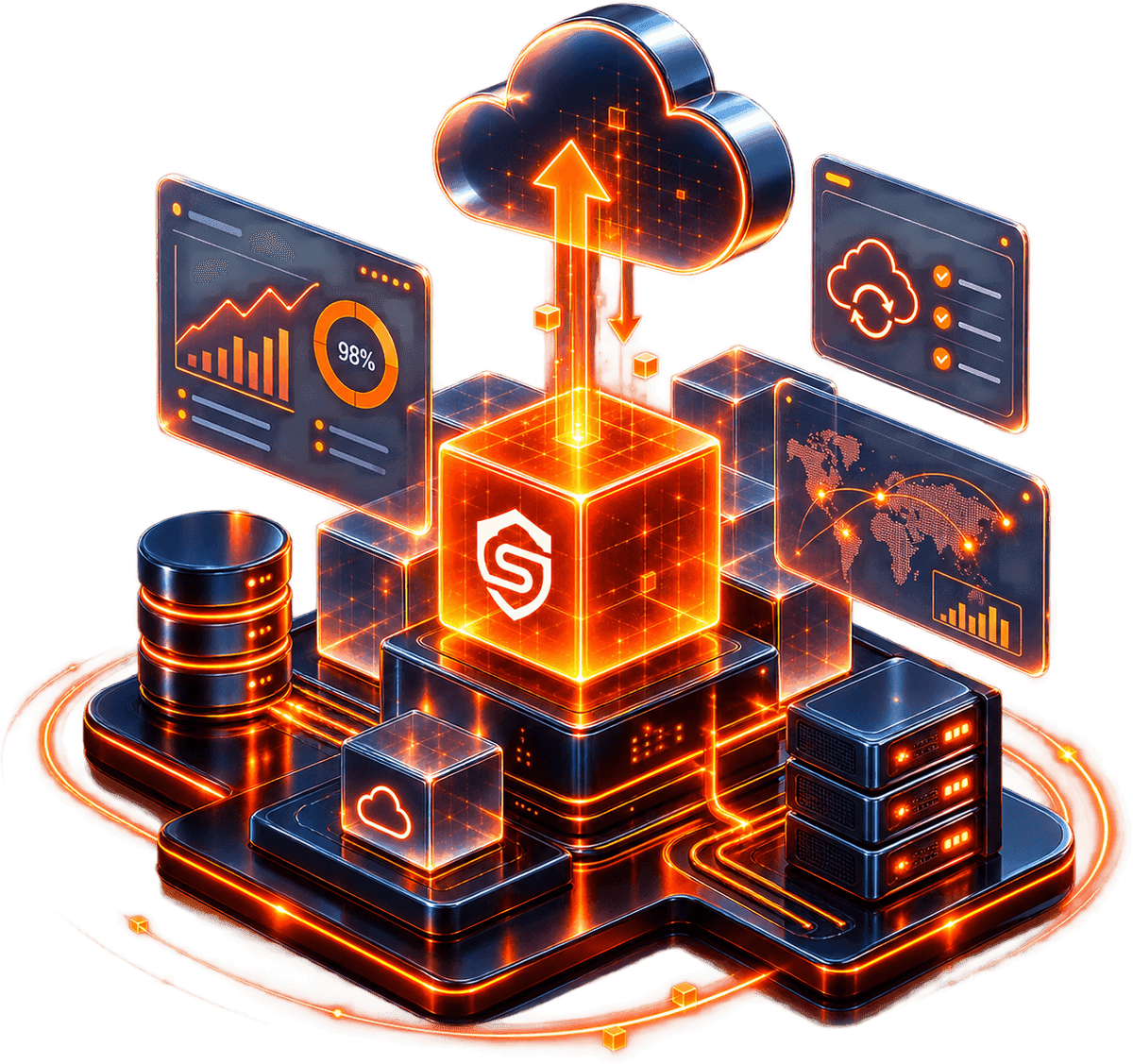 The Securive platform: virtual machines, databases and servers feeding immutable restore points into cloud storage.